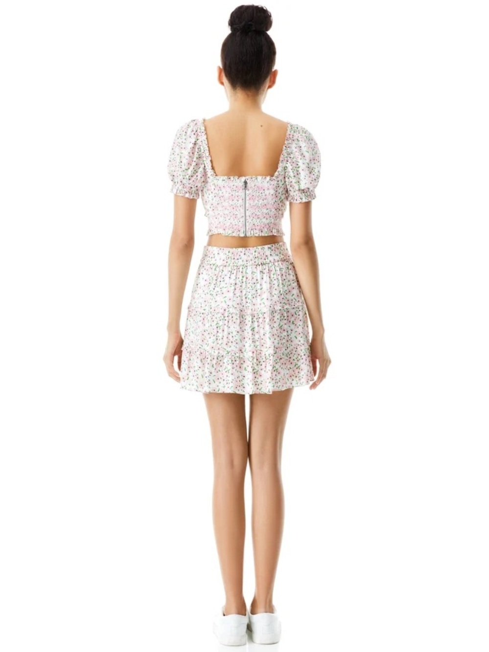 NWT Alice + Olivia Rianna Puff Sleeve Floral Cropped Top Monterey Ditsy Soft Wht - Picture 3 of 12